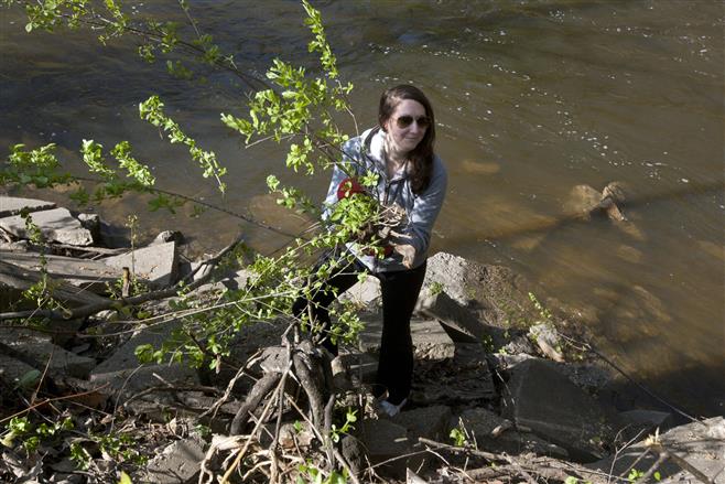 Christie Zona smiles up at her friends who aren't quite sure she'll make it back up the embankment of the Menomonee River in Hart Park. She was removing buckthorn branches along the river a previous year.