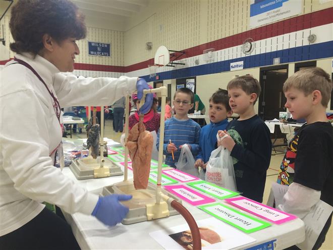 Monir Almassi, volunteer with the American College of Chest Physicians, shows second-graders (from right) Lucas Krueger, Henry Blaney, Logan Landgraf, Nate Gendrich and Melissa Hehningsen a healthy pig lung and an infected pig lung to promote lung health and anti-smoking habits.