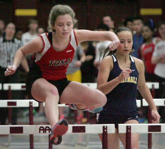 Tosa East’s Annelise Rebholz competes in the 55-meter hurdles at an indoor track meet on March 18 at West Allis Central.