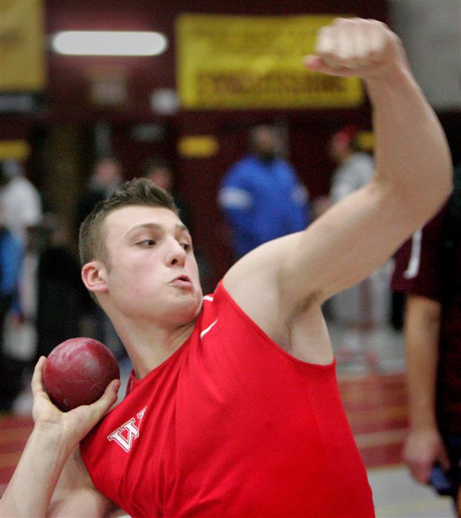 Wauwatosa East’s Erik Brzezinski gets ready to put the shot during an indoor track meet March 18 at West Allis Central.