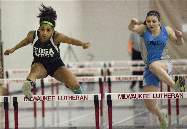 Wauwatosa West sophomore Brianna Horton (left) won the 55-meter high hurdles (10.12 seconds) at the Chris Wilson Invitational on Saturday at Milwaukee Lutheran.