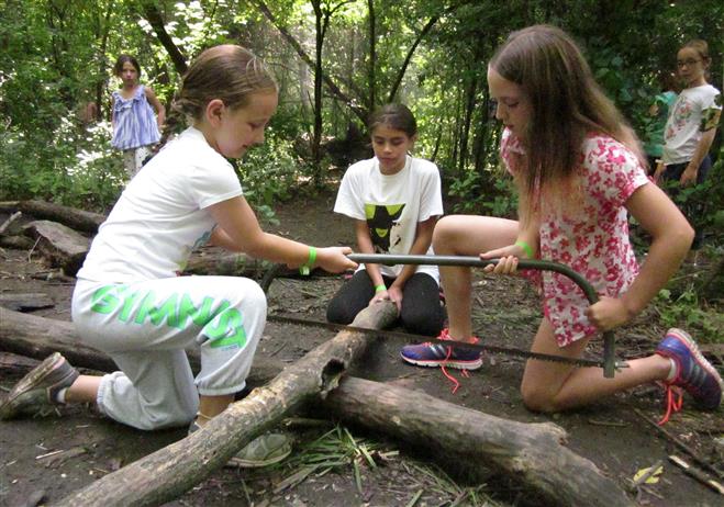 Leah Bjorgo, 10 (center), holds a log as Catherine Dicastri, 10, (right), practices sawing with Nadia Starich, 9, at Camp Arrowhead, a day camp for learning survival skills, archery, nature study and camp cooking.