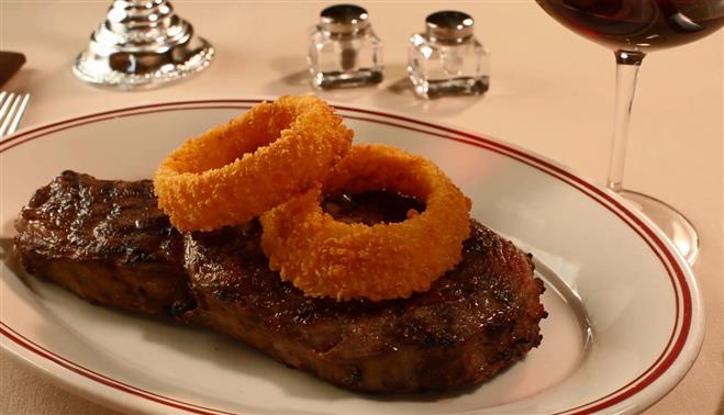 Eddie Martini’s is known for its steaks. This is its choice New York strip steak, aged four weeks.