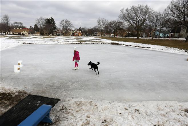 Sophia Connor, 8, skates as Bella the dog runs on the manmade Center Street Park ice rink last month.  Funds to upgrade softball fields at the park were recently secured by the Tosa Baseball League.