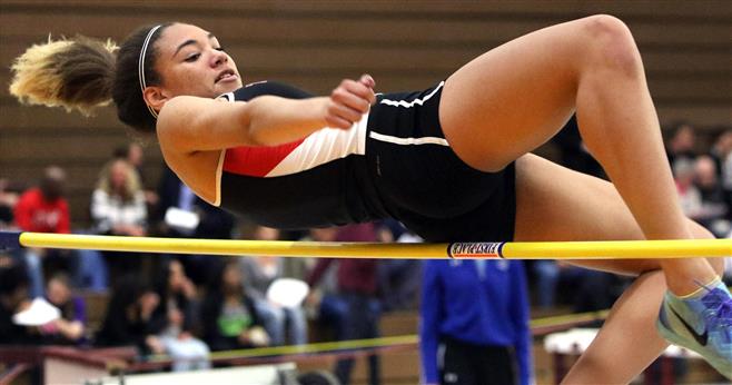 Wauwatosa East’s Brooklyn Blackburn competes in the high jump during the Greater Metro Conference Indoor Championships at West Allis Central on April 5. She broke two indoor records.