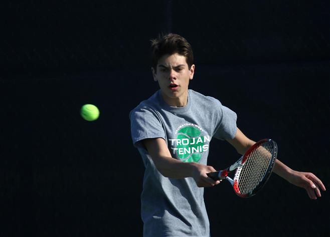 Wauwatosa West coach Kosta Zervas is happy with the play of No. 1 doubles player Zach Schumacher (pictured) and Quinn Barkow.