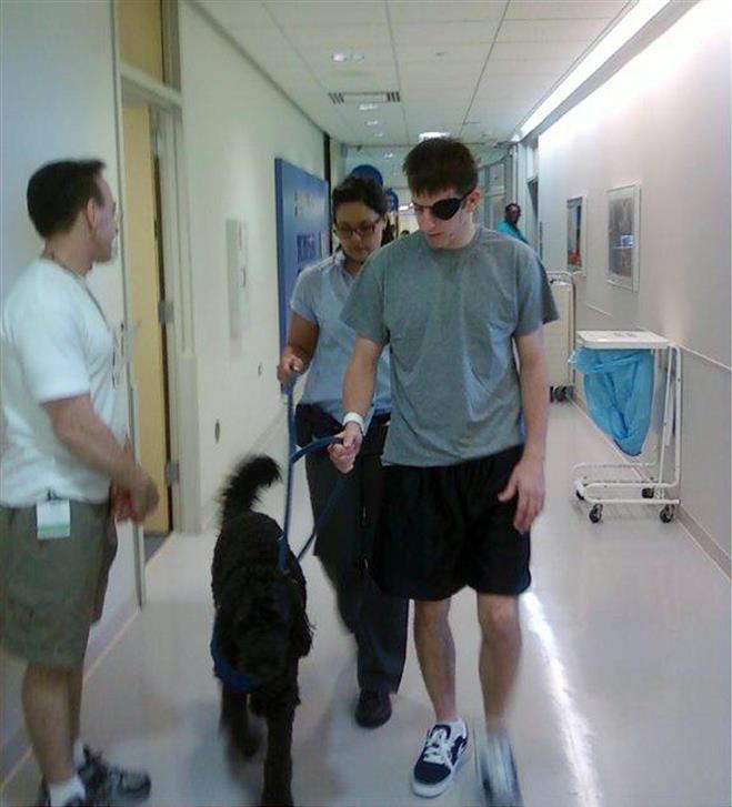 Rob Spiering, a 2008 Wauwatosa West High School graduate, was traveling abroad in Europe in 2011 when he was struck by a vehicle in London. Here, eight weeks after the accident, he works on his walking with a therapy dog in a hospital hallway in Chicago.