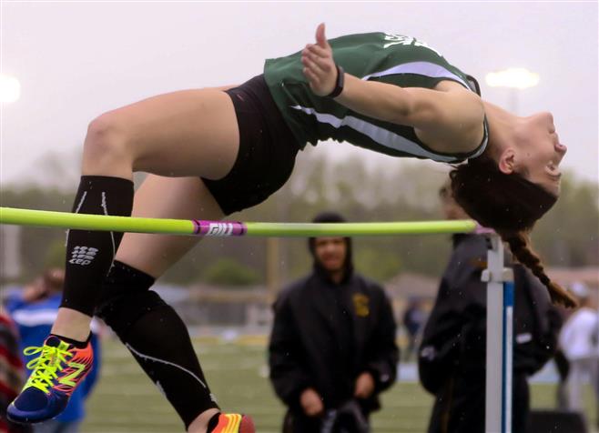 Wauwatosa West;s Breanna Weigman (shown here May 13) won the Woodland Outdoor Championship in the lhigh jump on May 17 at New Berlin West.