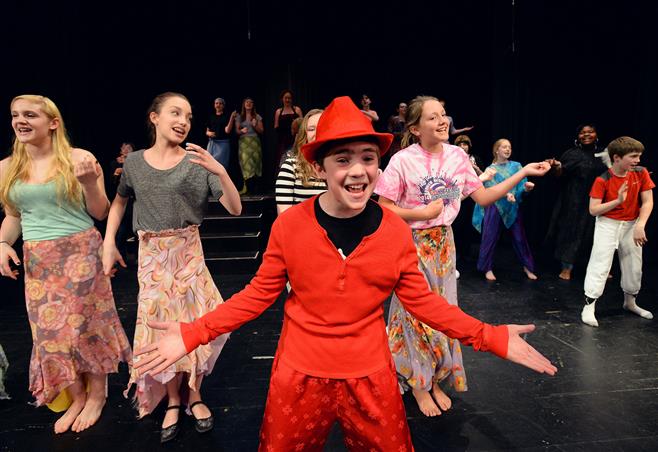 Gavin Coleman, center and the Longfellow Middle School cast of Disney's Little Mermaid Jr. rehearse Tuesday, April 22 at Longfellow Middle School in Wauwatosa. Performance will be Thursday, May 1 & Friday, May 2 at 7pm and Saturday, May 3 at 4pm.