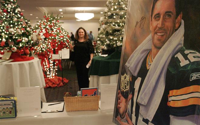 A painting of Aaron Rogers was among the items auctioned off during the Trees of Hope Festival to benefit the Leukemia and Lymphoma Society of Wisconsin at the Radisson Hotel on Saturday.